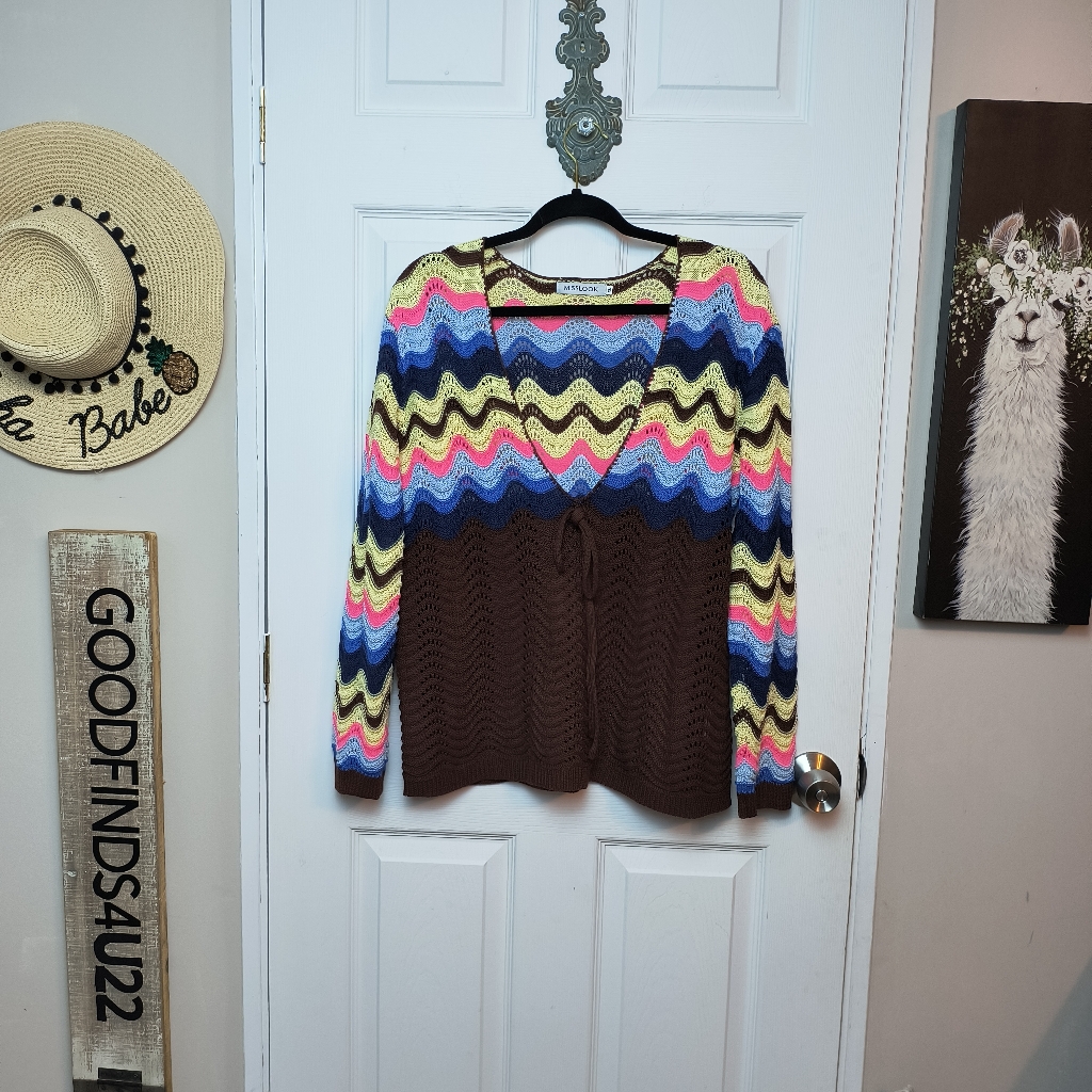 Misslook Crochet Open Knit Multicolor Deep Vneck Pullover Sweater Xl Y2k
